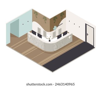 Vector isométrico bajo poli minimalista clínica médica interior con varios muebles. Ilustración vectorial moderna. Recepción, vestíbulo del hospital, espacio contiguo.