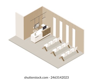 Vector isométrico bajo poli minimalista clínica médica interior con varios muebles. Ilustración vectorial moderna. Recepción, vestíbulo del hospital, espacio contiguo.