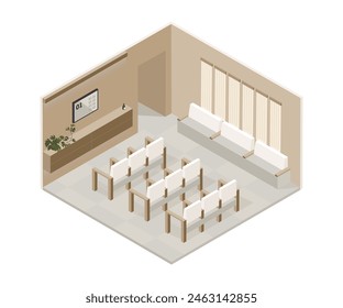 Vector isométrico bajo poli minimalista clínica médica interior con varios muebles. Ilustración vectorial moderna. Lobby del hospital, espacio contiguo, área de espera.