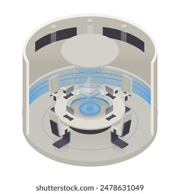 Vector isométrico bajo poli minimalista interior de tecnología con varios muebles. Ilustración vectorial moderna. Concepto de sala de reuniones redonda futurista.