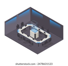 Vector isométrico bajo poli minimalista interior de tecnología con varios muebles. Ilustración vectorial moderna. Concepto innovador de sala de reuniones futurista.