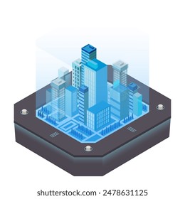 Vector isometric low poly minimalistic tech exterior. Modern vector illustration. Futuristic smart city, intelligent buildings on a table. Virtual reality concept.