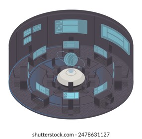 Vector isométrico bajo poli minimalista interior de tecnología con varios muebles. Ilustración vectorial moderna. Futurista redondo innovador concepto de la habitación.