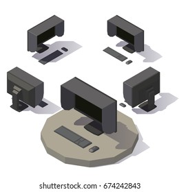 Vector isometric low poly monitor with shading hood. Vector low poly illustration.