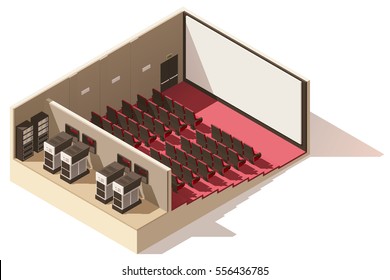 Vector isometric low poly movie theater cutaway. Includes movie projection screen, seats and projectors