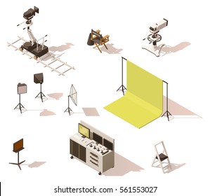 Vector isometric low poly movie and tv video equipment set. Includes video cameras, camera dolly, lighting and other movie shooting process equipment