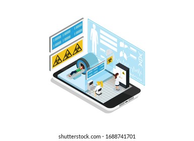 Vector isometric low poly MRI room cutaway icon. Includes MRI scanner and doctors observation room.  Suitable for Diagrams, Infographics, Game Asset, And Other Graphic Related Assets