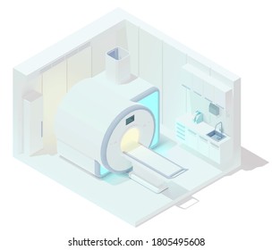 Vector isometric low poly MRI room interior with radiography equipment. Medical hospital or clinic MRI and tomography laboratory room. MRI scanner