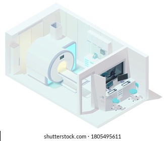 Vector Isometric Low Poly MRI Room Interior With Radiography Equipment. Medical Hospital Or Clinic MRI And Tomography Laboratory And Observation Room. MRI Scanner