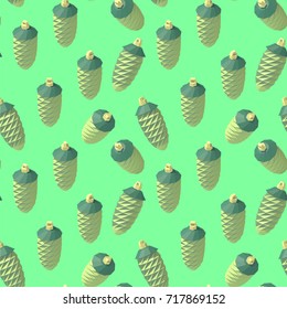 Vector isometric low poly New Year's toy fir cone. Seamless background.