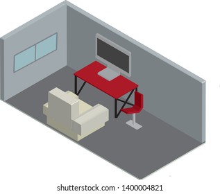 Vector isometric low poly office room. Includes table, office chair, sofa