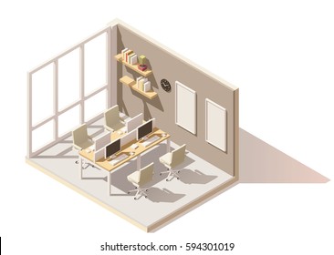 Vector Isometric Low Poly Office Room. Includes Table, Office Chairs, Other Furniture