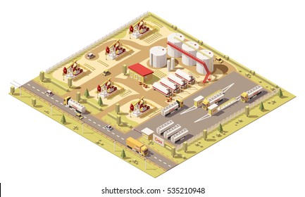 Vector isometric low poly oil field. illustration includes oil pumps, oil tanks and trucks with cisterns 