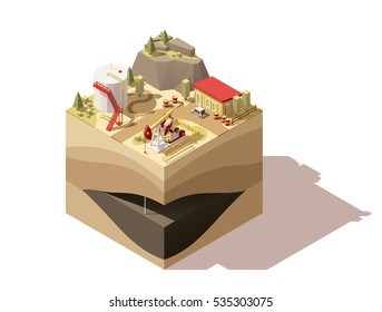 Vector Isometric Low Poly Oil Pumpjack Extracting Oil. Illustration Includes Pumpjack, Oil Tank, Related Equipment,  Buildings And Ground Cross-section Showing Oil Level