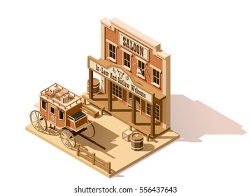 Vector isometric low poly old west saloon and stagecoach