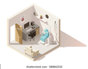 Vector isometric low poly ophthalmologist office icon. Includes phoropter, eye chart and other furniture