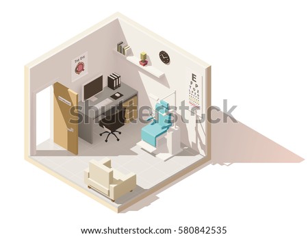 Vector isometric low poly ophthalmologist office icon. Includes phoropter, eye chart and other furniture