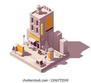 Vector isométrico de baja poly tipo de medios de publicidad al aire libre y ubicación ilustración que representa anuncios callejeros - anuncio móvil en el camión, señalización neón, cartel y columna publicitaria