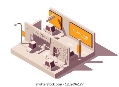 Vector isometric low poly outdoor advertising media types and placement locations illustration representing billboards and poster advertising in covered parking lot interior