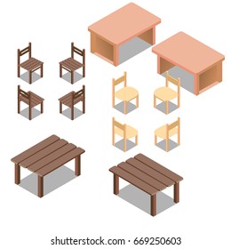 Vector isometric low poly outdoor and ofice tables and chairs, furniture set.