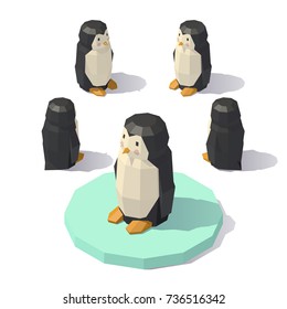 Vector isometric low poly penguin. Penguin from different angles.