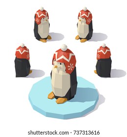 Vector isometric low poly penguin in a knitted hat with a pompon. Penguin from different angles.