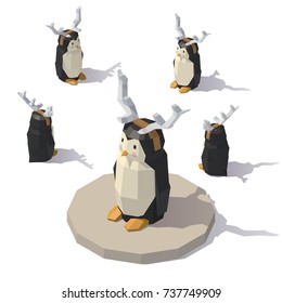 Vector isometric low poly penguin with reindeer antlers. Penguin with reindeer antlers from different angles.