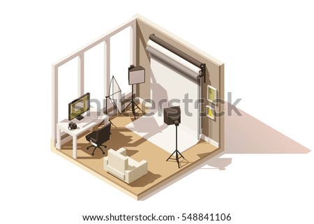 Vector isometric low poly Photo studio room cutaway icon. Room includes camera, reflectors, lights, backdrop and other photography equipment