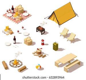 Vector Isometric Low Poly Picnic And Camping Equipment Set