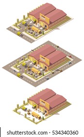 Vector Isometric Low Poly Produce Warehouse Building With Trucks And Forklifts