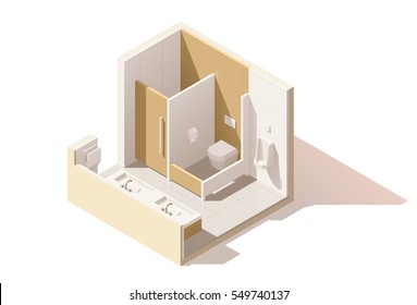 Vector Isometric Low Poly Public Toilet Cutaway Icon. WC Room Includes Washbasin, Toilets In Cubicles, Hand Dryer, Urinal