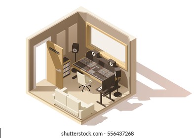 Vector Isometric Low Poly Recording Studio Icon. Includes Studio Mixing Console, Speakers And Other Music Equipment