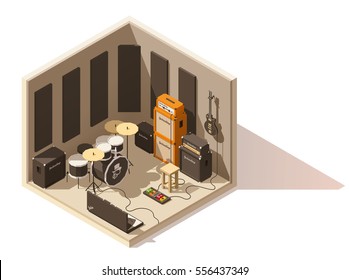 Vektorisometrisches Studio-Icon mit Low-Poly-Aufnahme. Umfasst Aufnahmeraum, Gitarren, Drum-Kit und andere Musikgeräte