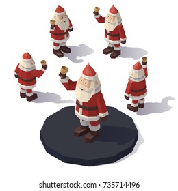 Vector isometric low poly Santa Claus with a bell. Santa Claus from different angles.