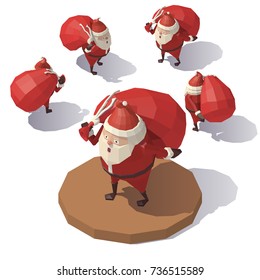 Vector isometric low poly Santa Claus with red gift bag. Santa Claus from different angles.