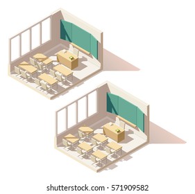 Vector Isometric Low Poly School Classroom Cutaway Icon. Includes School Desks, Chairs And Blackboard