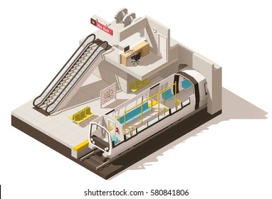 Vector Isometric Low Poly Subway Train Station. Includes Escalator, Entrance Gates And Train Cross-section