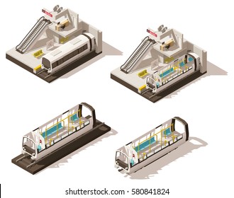 Vector isometric low poly subway train station. Includes escalator, entrance gates and train cross-section