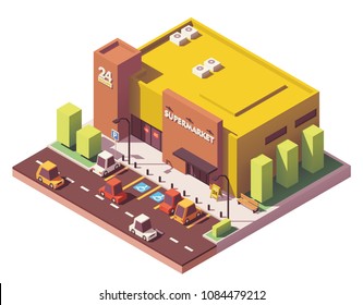 Vector Isometric Low Poly Supermarket Or Grocery Store Building