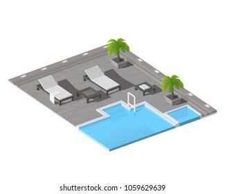 Vector isometric low poly swimming pool with lounge chairs