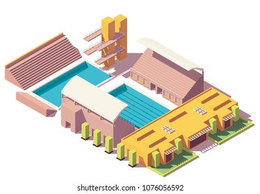 Vector isometric low poly swimming pool with diving platform tower