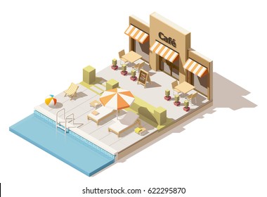 Vector Isometric Low Poly Swimming Pool Nearby Cafe