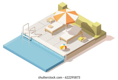 Vector Isometric Low Poly Swimming Pool With Lounge Chairs And Umbrella
