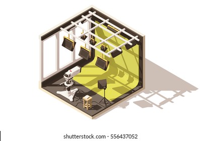 Vector isometric low poly television studio icon. Includes tv camera, lighting, green chroma key backdrop