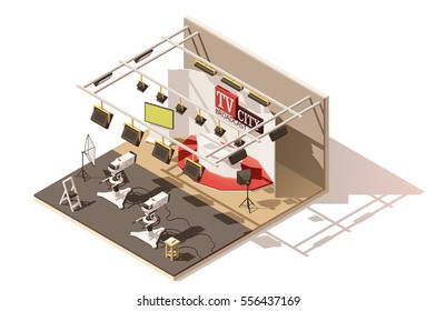 Vector isometric low poly television studio icon. Includes studio stage, tv cameras, lighting