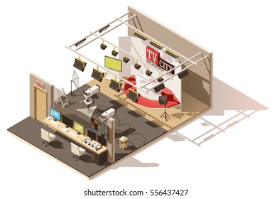 Vector Isometric Low Poly Television Studio With Production Control Room. Includes Studio Stage, Tv Cameras, Lighting