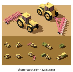 Vector Isometric Low Poly Tractor Working In Field 