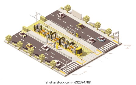 Vector isometric low poly tram on dedicated tram lane