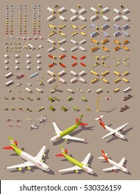 Vector isometric low poly transports set. Cars, trucks, tractors, airplanes, helicopters and other isometric vehicles