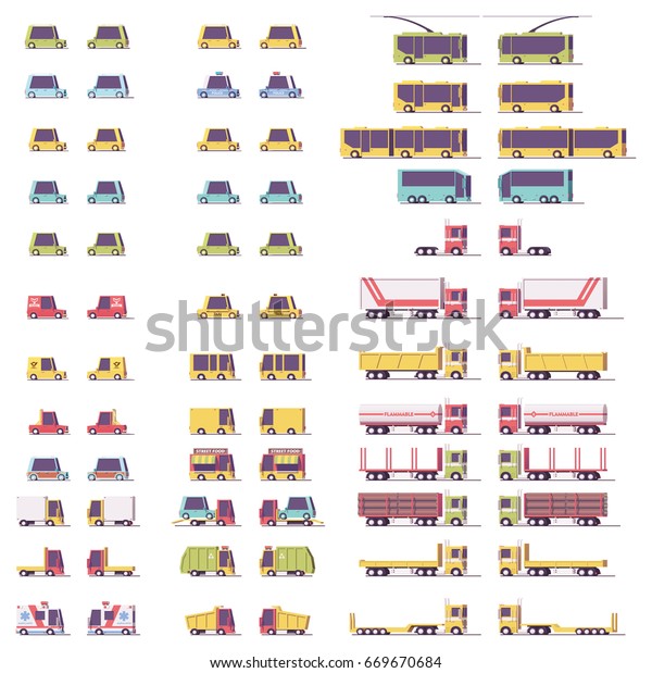 Vector isometric low poly transports set. Cars,\
trucks and buses
